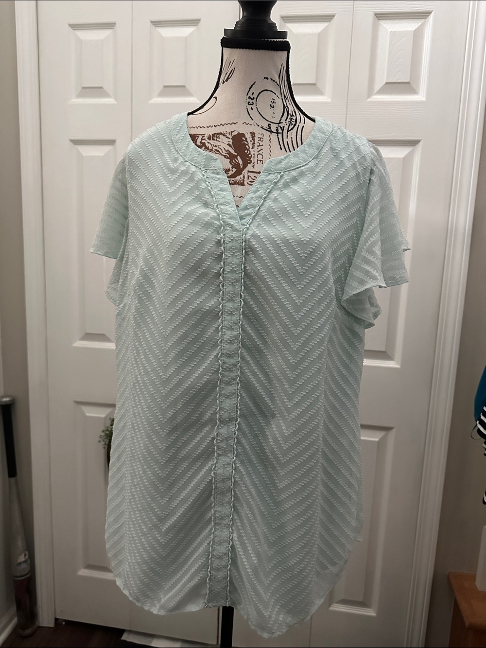 Light Aqua Chevron Flutter Sleeve V-Neck Top